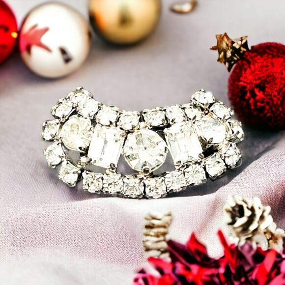 Art Deco bling faux diamond multi-shaped stones half moon brooch - Picture 5 of 5